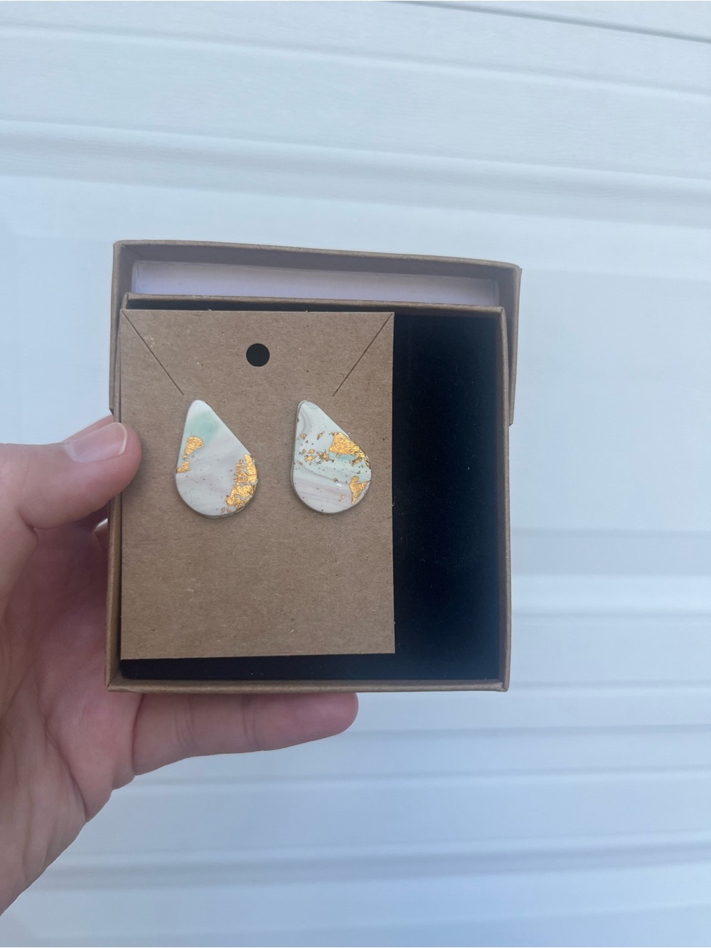 White Teardrop Earrings with Gold Leaf Accent - Women Jewelry Earrings